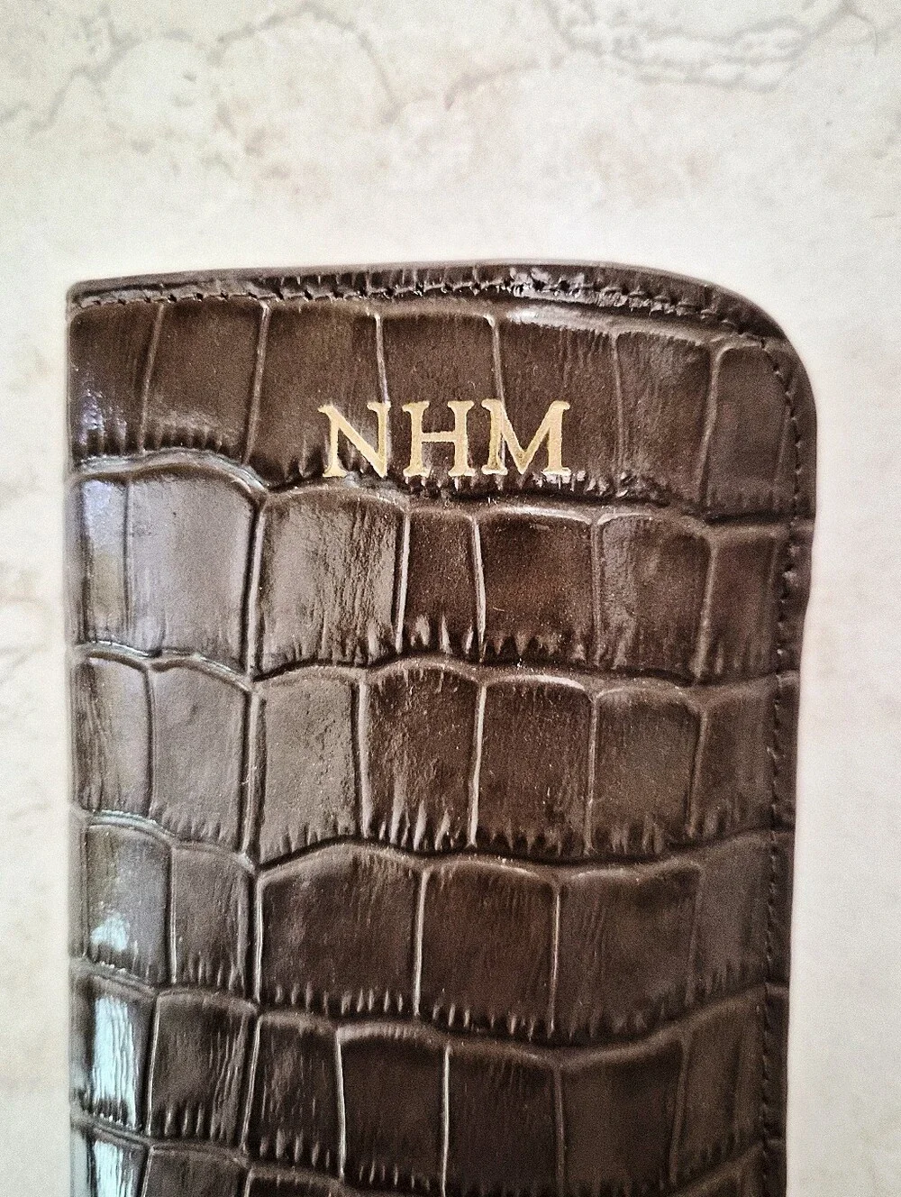 Leatherology Soft Eyeglasses Case Premium Croc Cocoa Debossed Gold Personalized